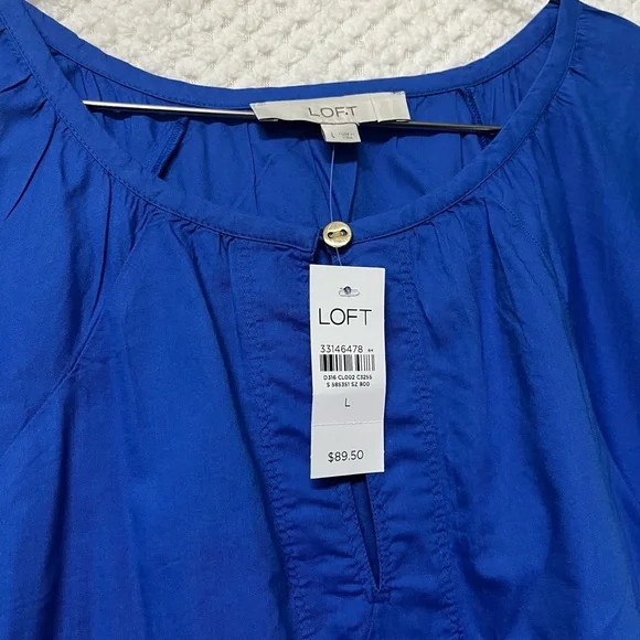 LOFT Royal Blue Flutter Sleeve Split Neck Swing Dress Large Cotton Blend NWT - Picture 8 of 11
